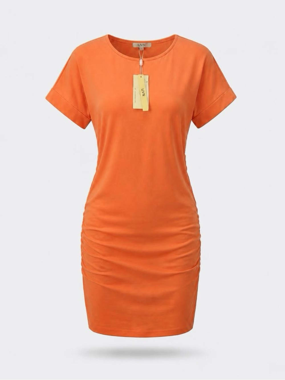 Amazon Orange Ruched Short-Sleeve Midi Dress